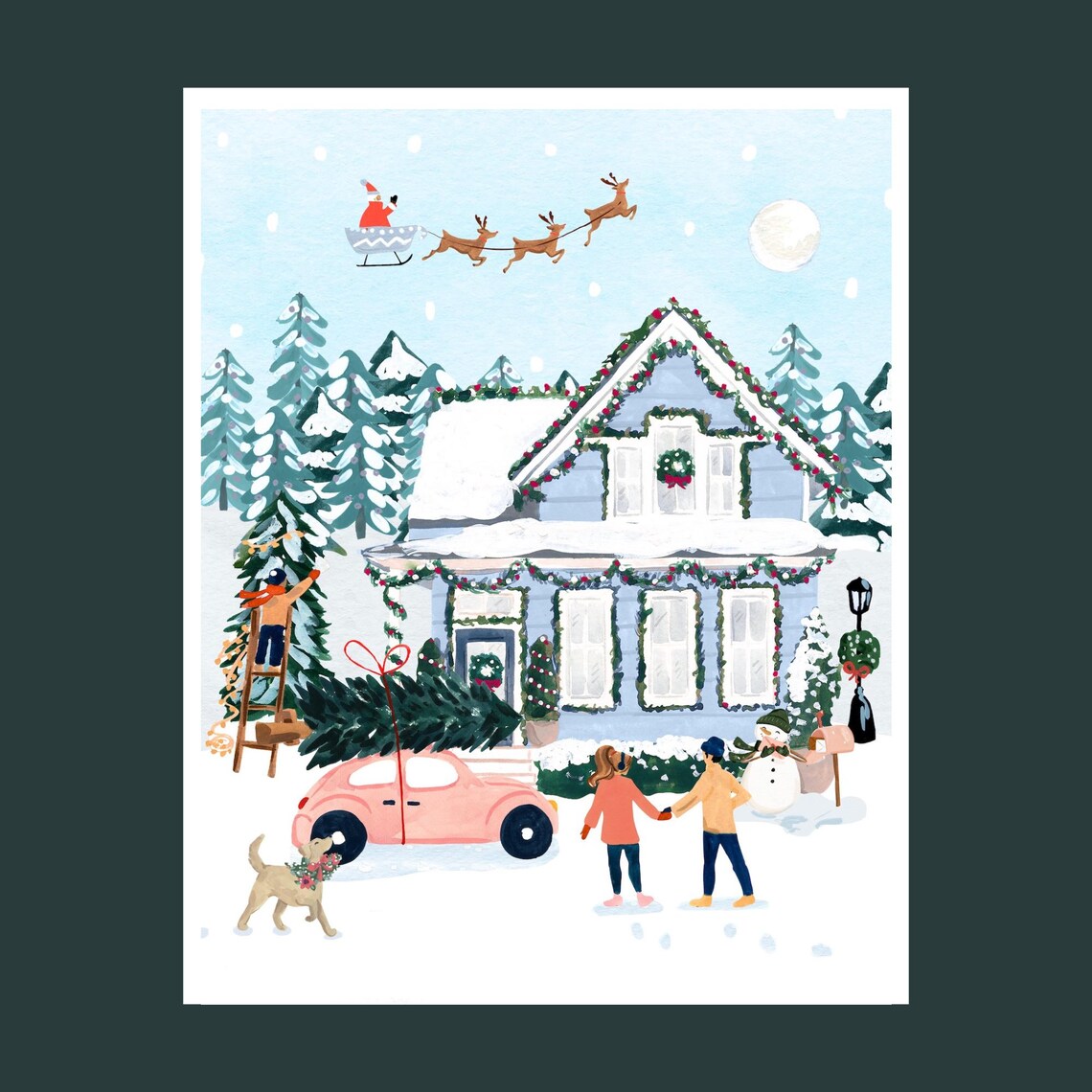 Christmas Village Watercolor Holiday Art Print