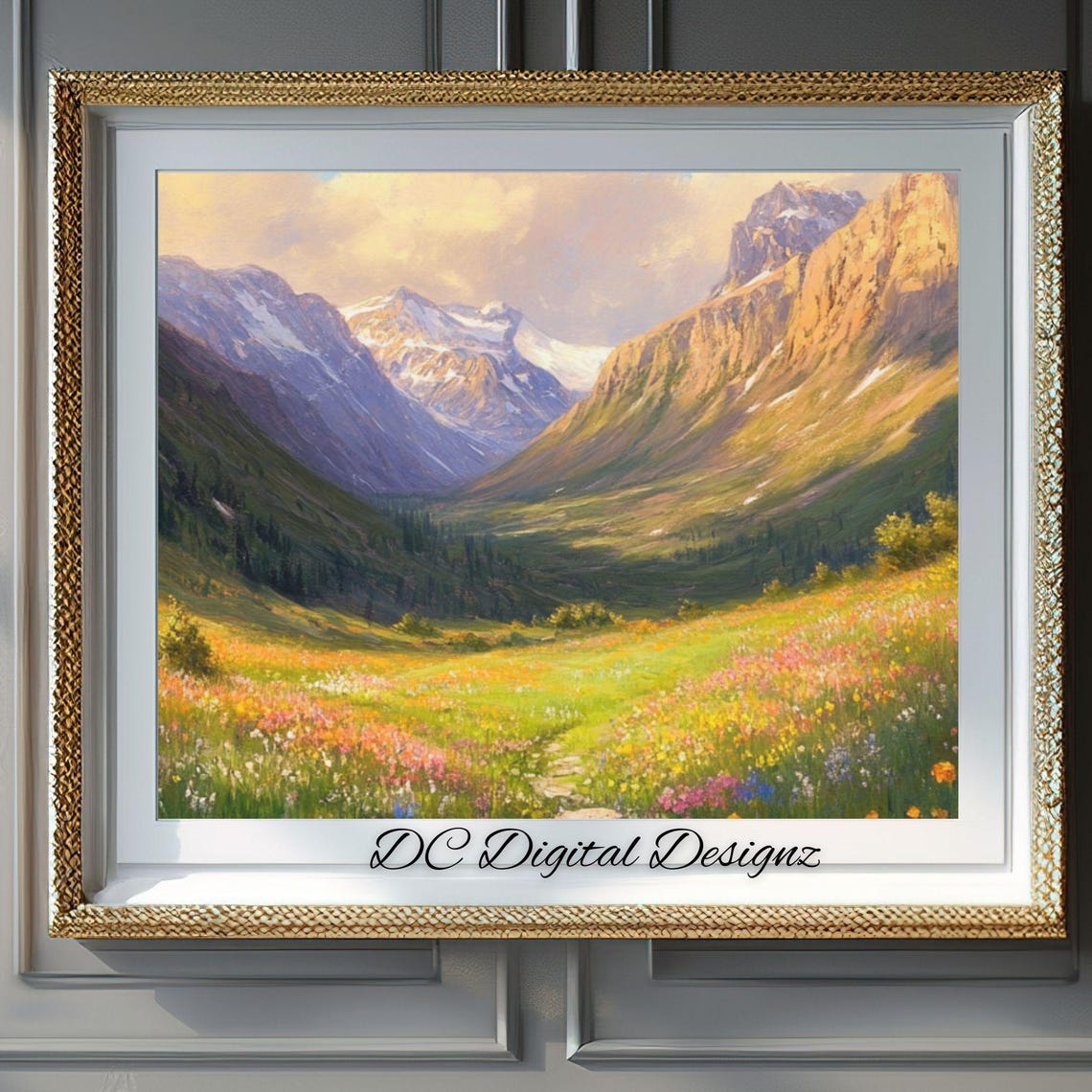 Golden Alpine Wildflower Valley Beneath Rocky Peaks Oil Poster