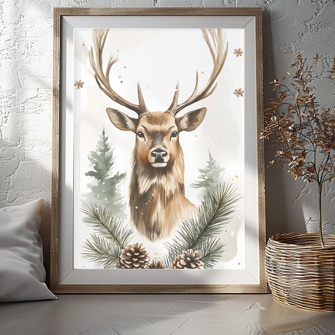 Stag Portrait with Pine Branches Pinecones and Snowflakes Poster