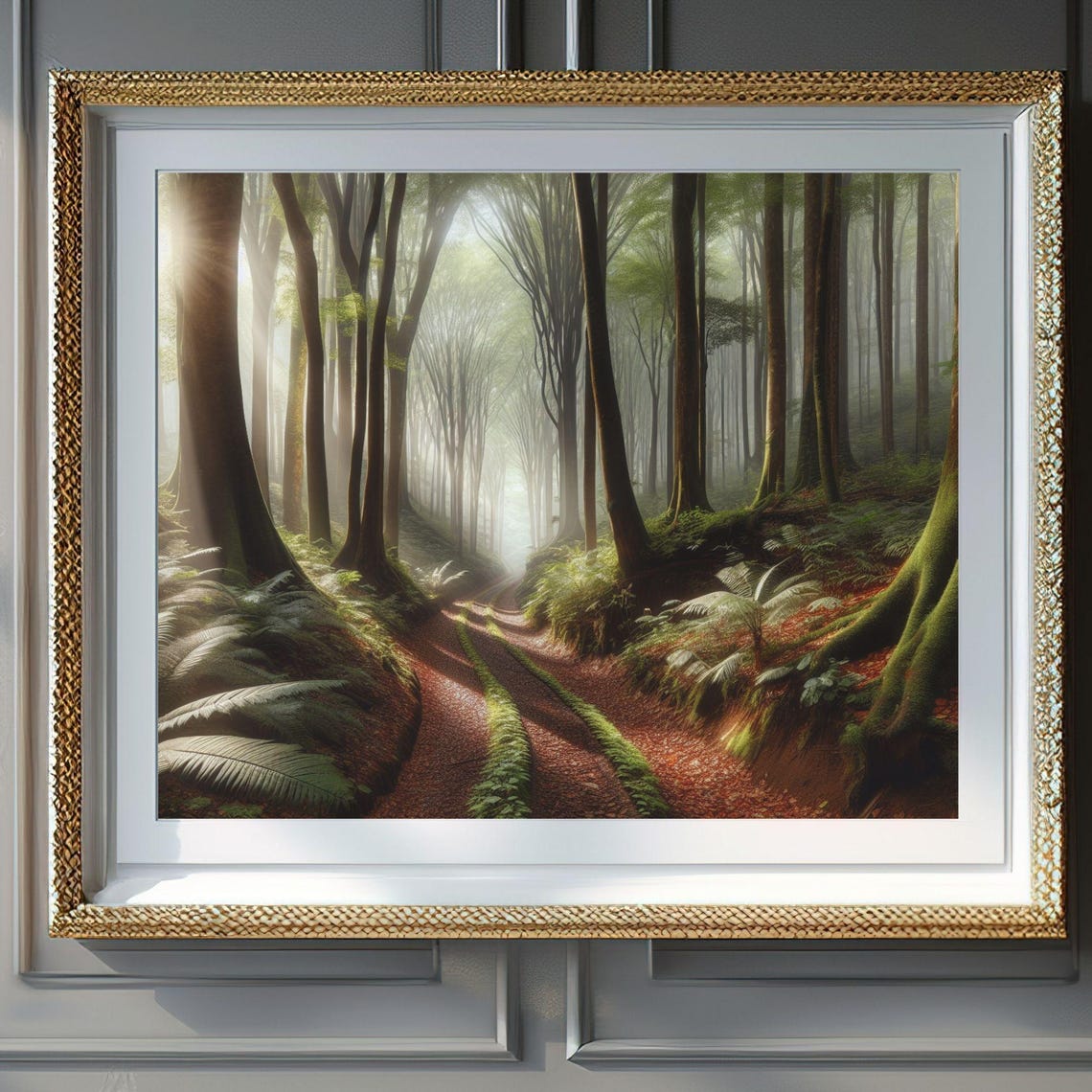 Misty Morning Sunlit Forest Path Ferns Serene Woodland Wall Art