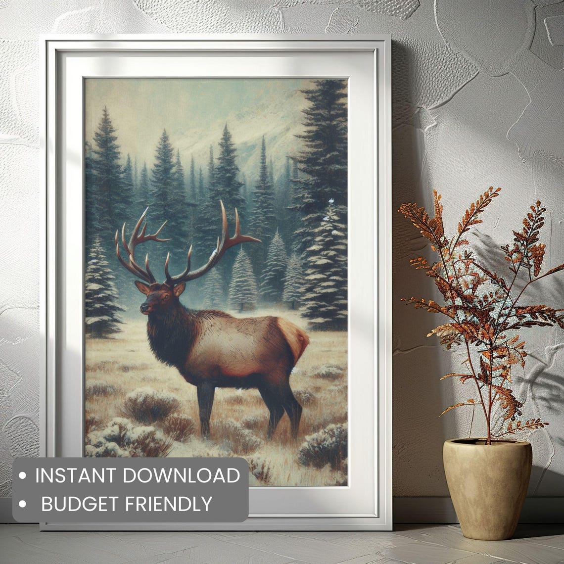 Lone Bull Elk Winter Meadow Snowy Pine Forest Wildlife Wall Art - Image 2