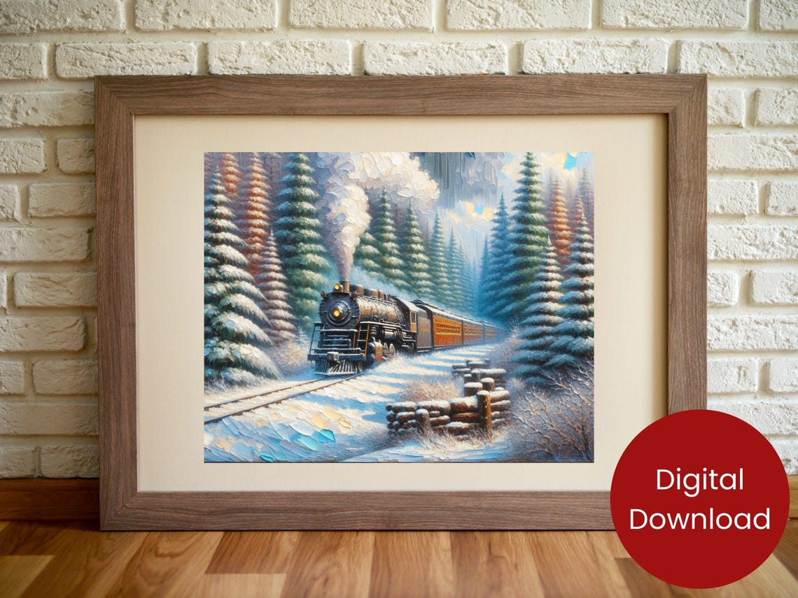 Steam Train Journey Through Snowy Pine Forest Winter Scene Poster