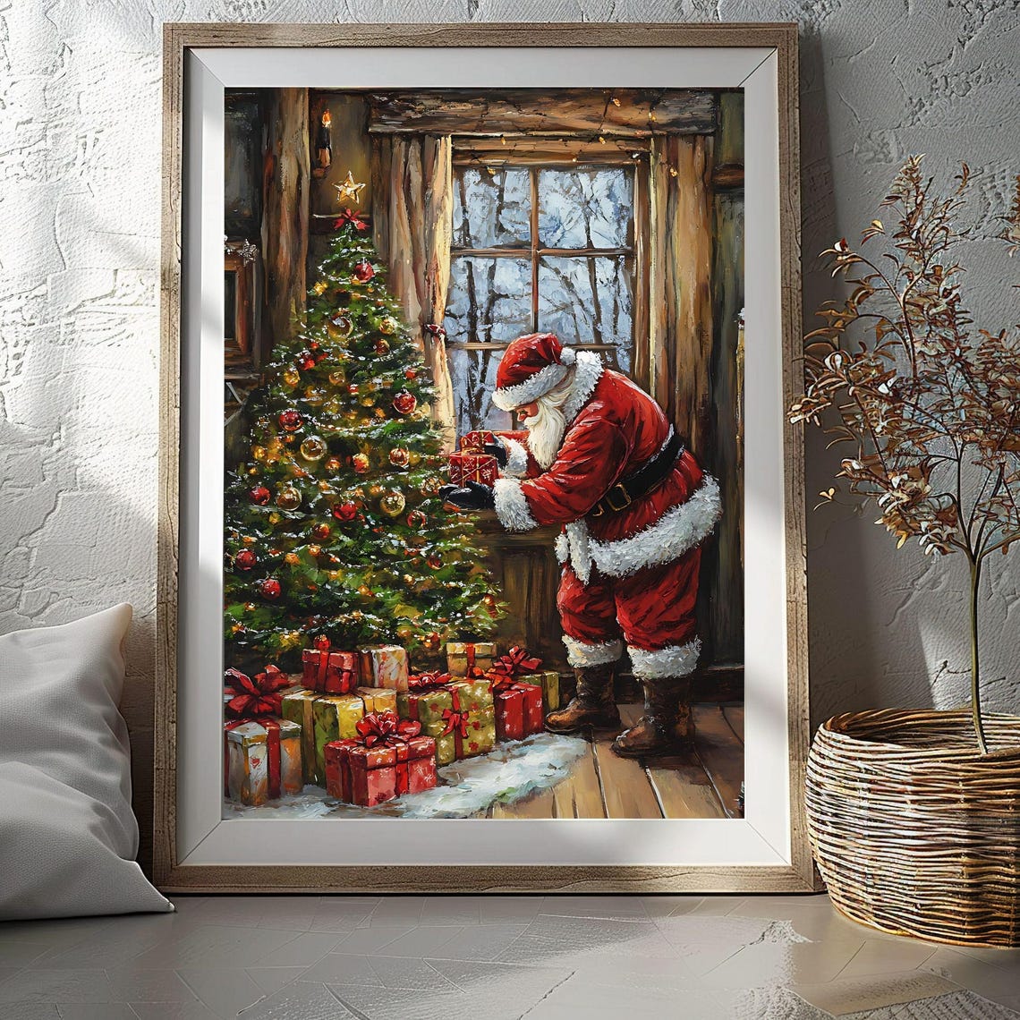 Santa Claus Delivering Gifts Cabin Christmas Tree Snow Poster