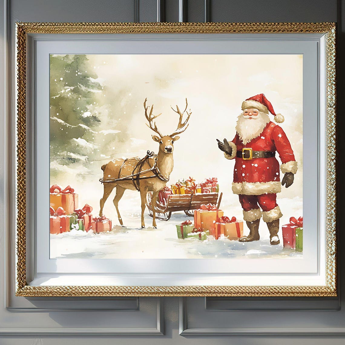 Watercolor Santa Claus Waving Reindeer Gift Sleigh Snow Poster