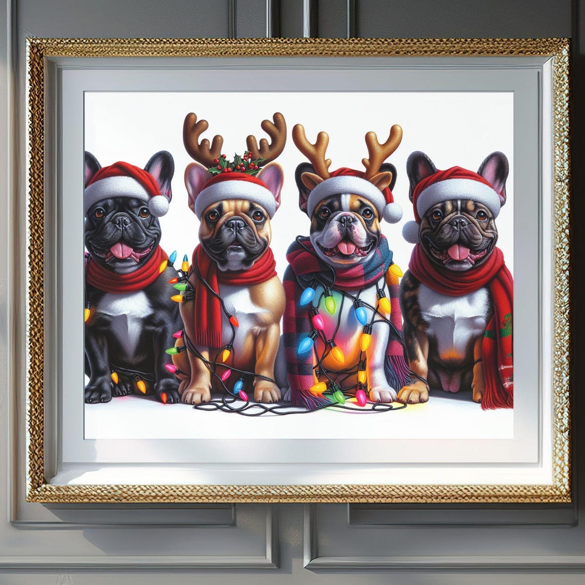 Christmas Wall Art Digital Wall Art Of 4 French Bulldogs In Christmas Lights Hats Festive Holiday Frenchie Decor