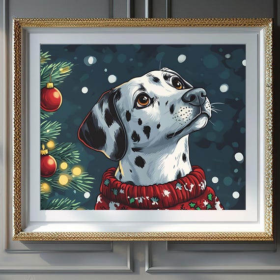 Christmas Wall Art Wall Art Dalmatian In Christmas Sweater Cute Holiday Decor Christmas Dog Art Print Instant Gift Idea
