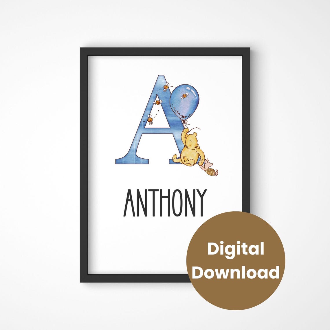 Blue Balloon Bear Personalized Letter A Nursery Name Digital Poster - Image 3