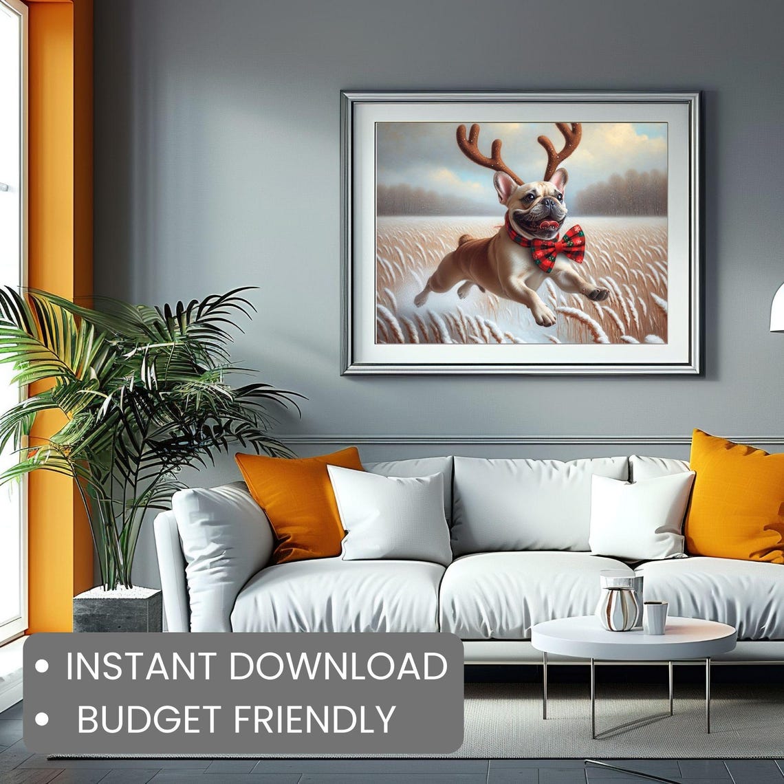 French Bulldog Reindeer Antlers Bow Tie Christmas Dog Portrait Poster - Image 2