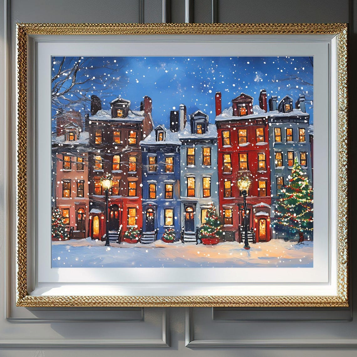 Christmas Brownstone Street Snow Glowing Lights Lamp Posts Poster