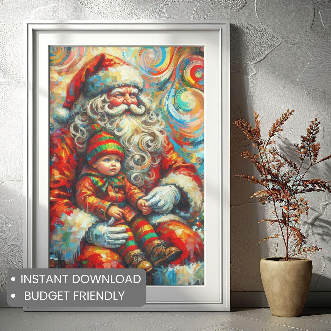 Santa Claus Holding Child Vibrant Swirl Christmas Painting Poster - Image 2