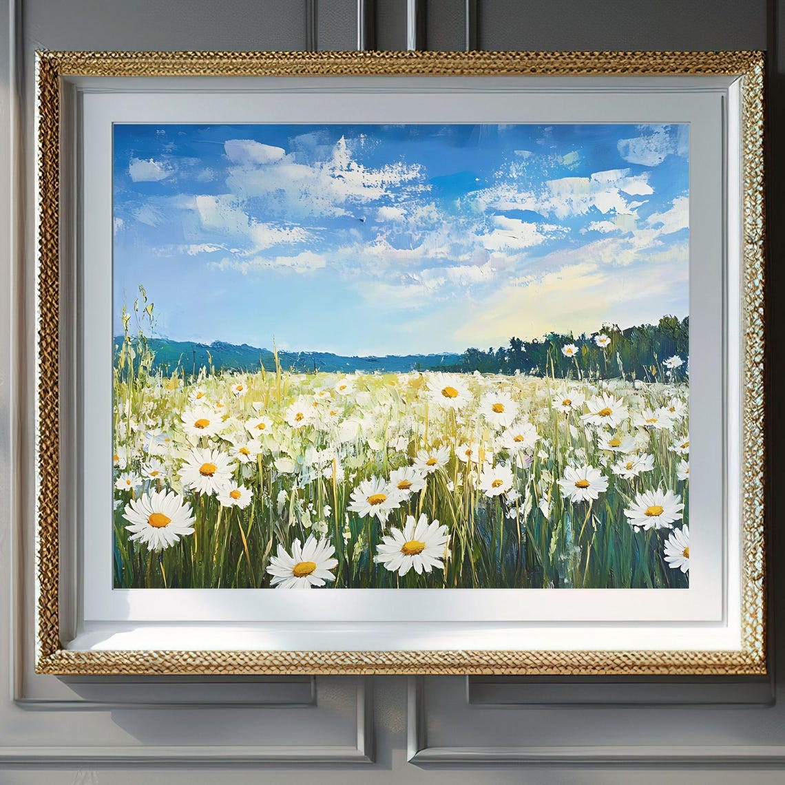 Daisy Field Bright Blue Sky Summer Oil Painting Landscape Poster