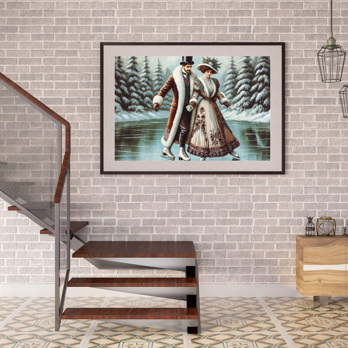 Victorian Couple Ice Skating Romantic Winter Lake Vintage Poster - Image 2