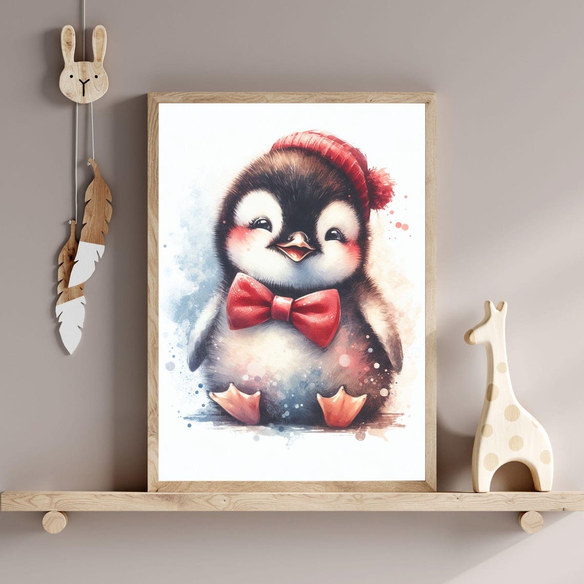 Baby Penguin Red Beanie Hat Bow Tie Watercolor Nursery Poster
