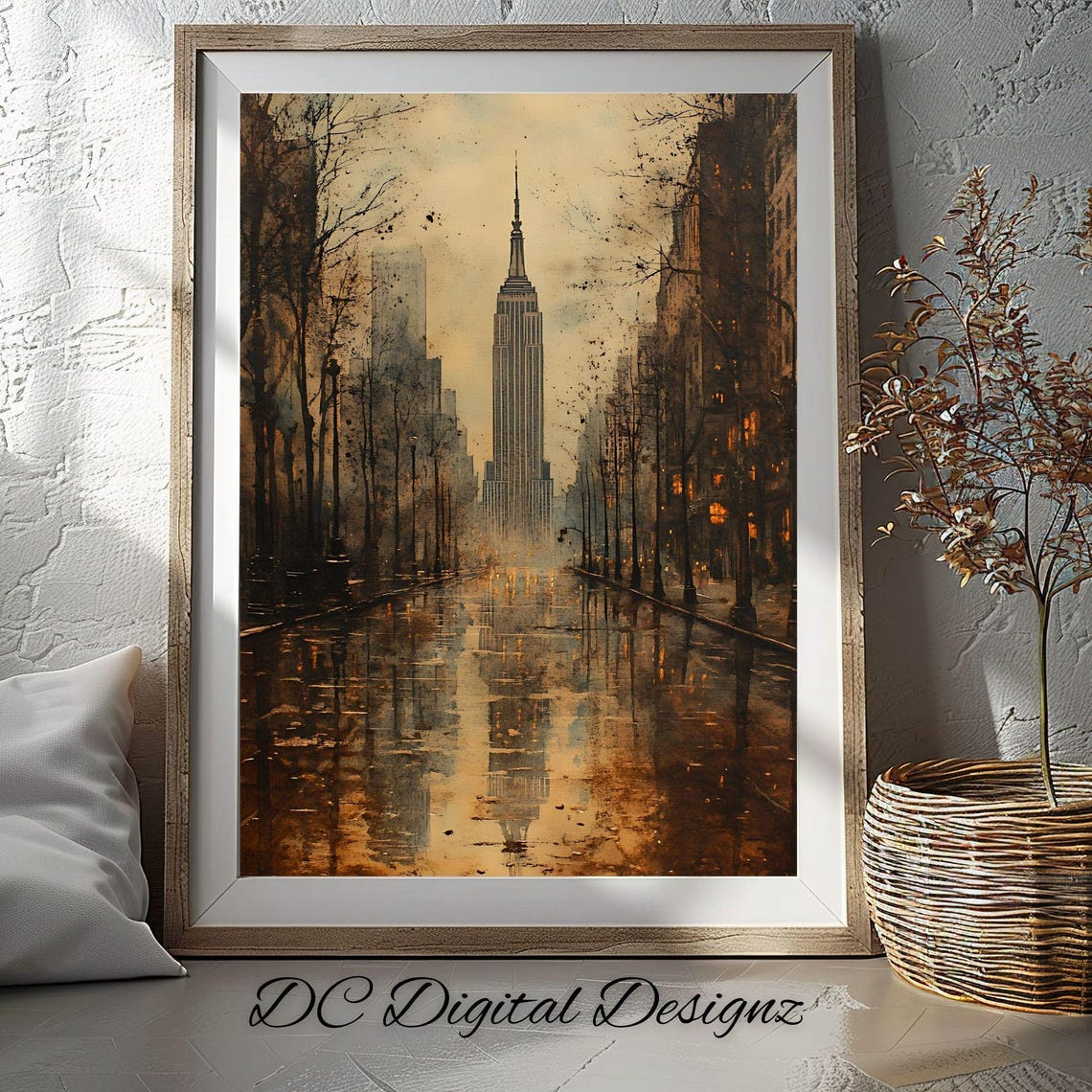 Rainy New York Street Empire State Building Watercolor Poster