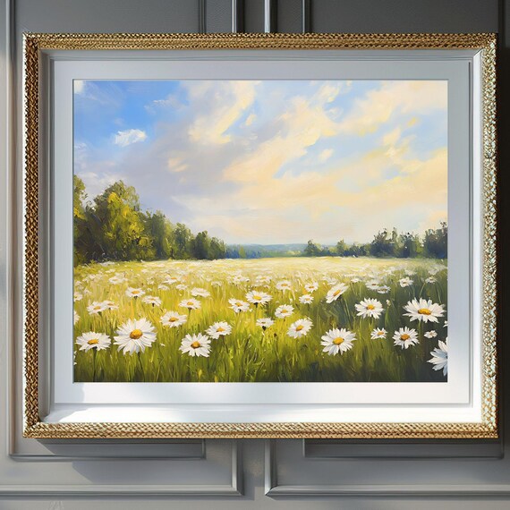 Sunlit Daisy Meadow Golden Field Trees Blue Sky Spring Poster