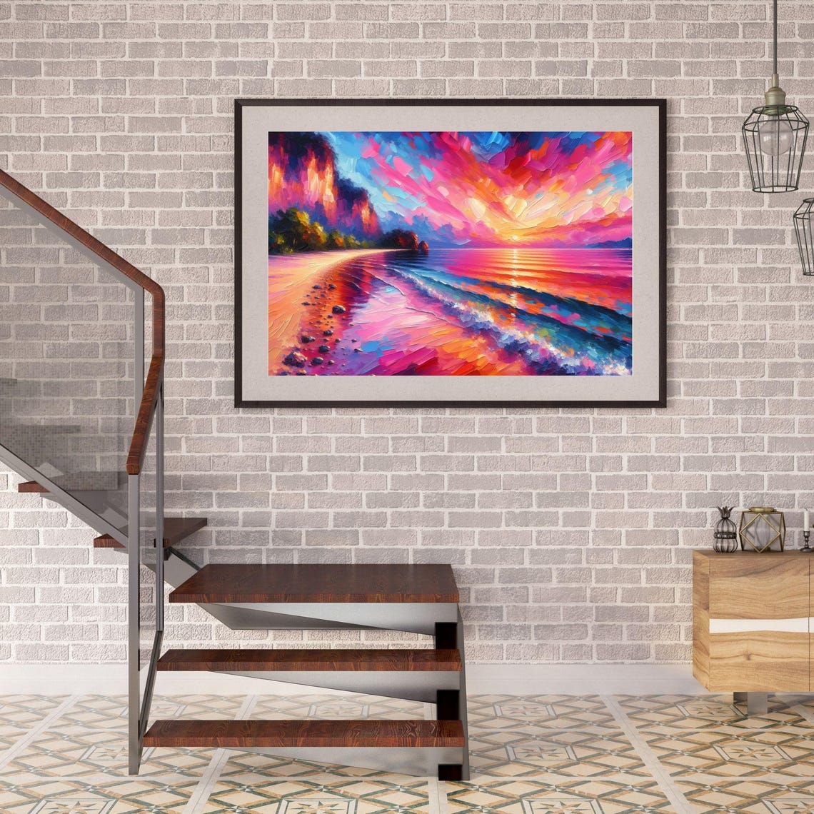 Vivid Pink Sunset Beach Ocean Waves Colorful Acrylic Painting Poster - Image 2