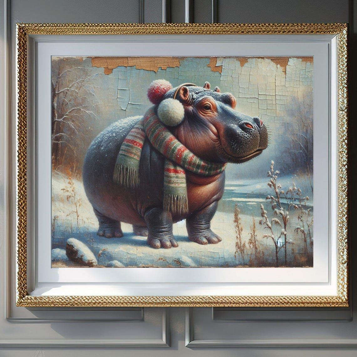 Christmas Wall Art Moo Deng Hippo Winter Art Cute Winter Hippo Instant Wall Art For Kids Room