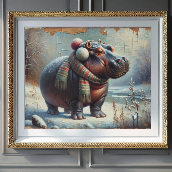 Christmas Wall Art Moo Deng Hippo Winter Art Cute Winter Hippo Instant Wall Art For Kids Room