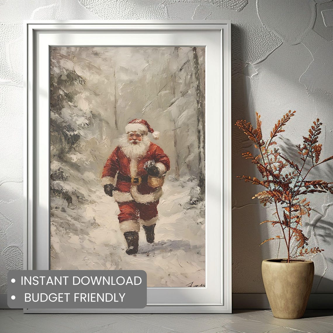Santa Claus Strolling Through Snowy Winter Woods Vintage Poster - Image 2