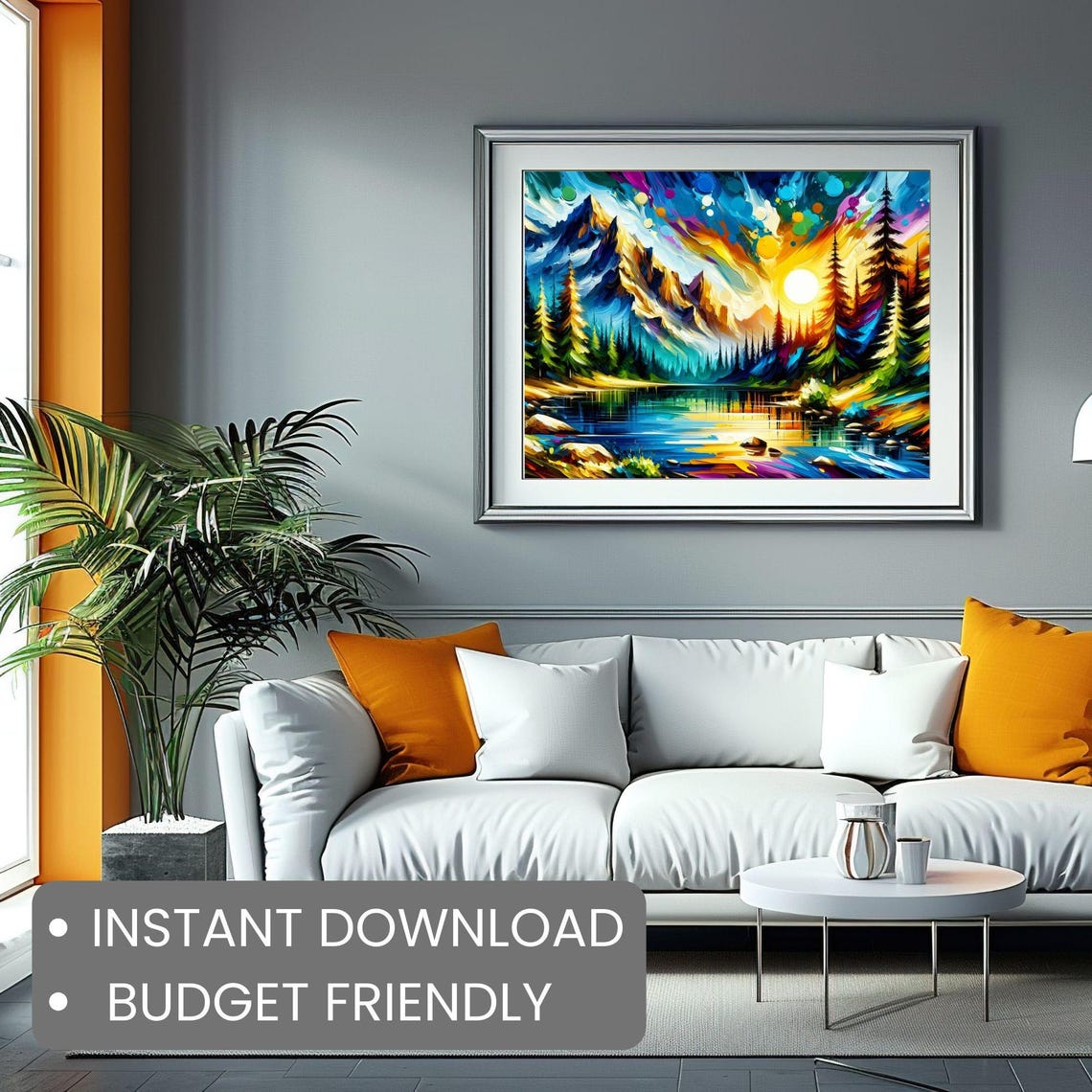 Vibrant Colorful Mountain Lake Sunset Palette Knife Painting Poster - Image 2