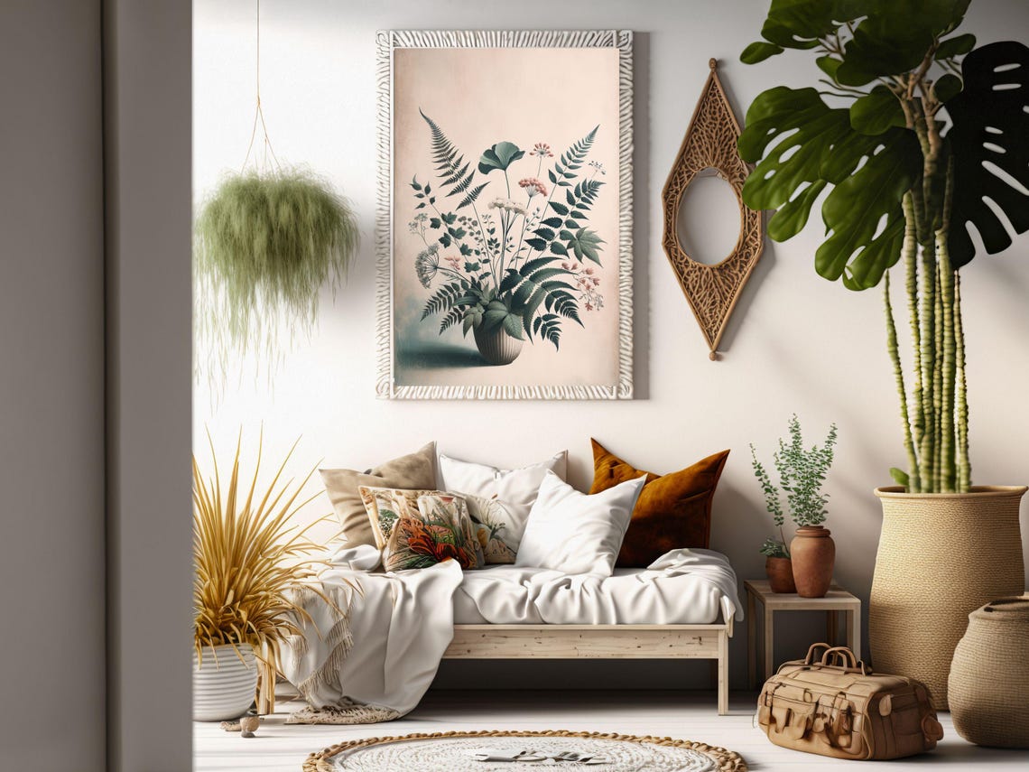Vintage Botanical Fern Leaves Blush Pink Antique Plant Poster - Image 3
