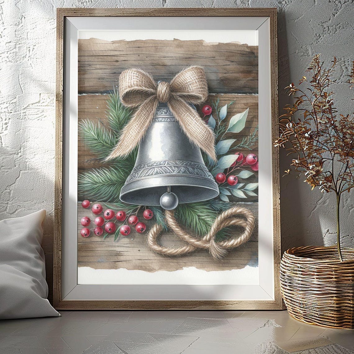 Rustic Silver Bell Burlap Bow Berries Farmhouse Christmas Poster
