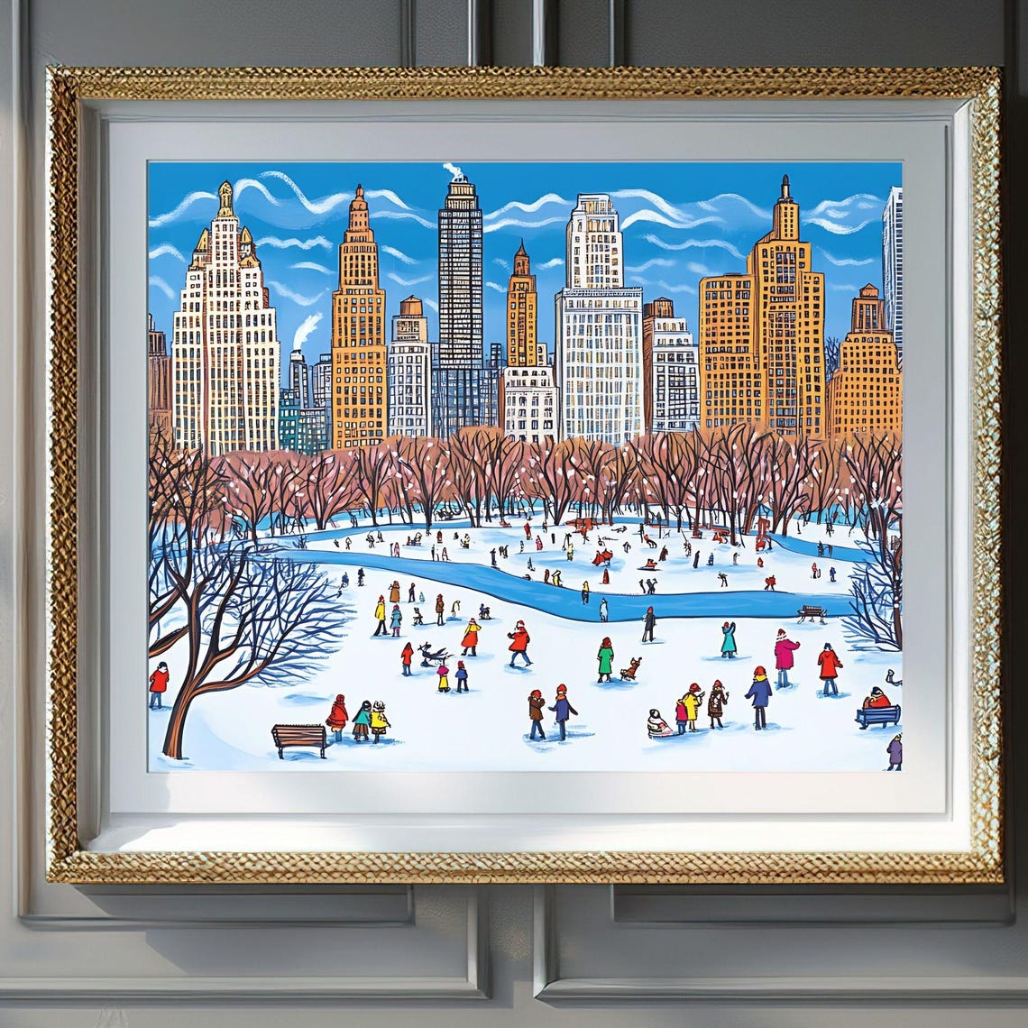 New York Central Park Winter Snowy Skaters Skyline Art Poster