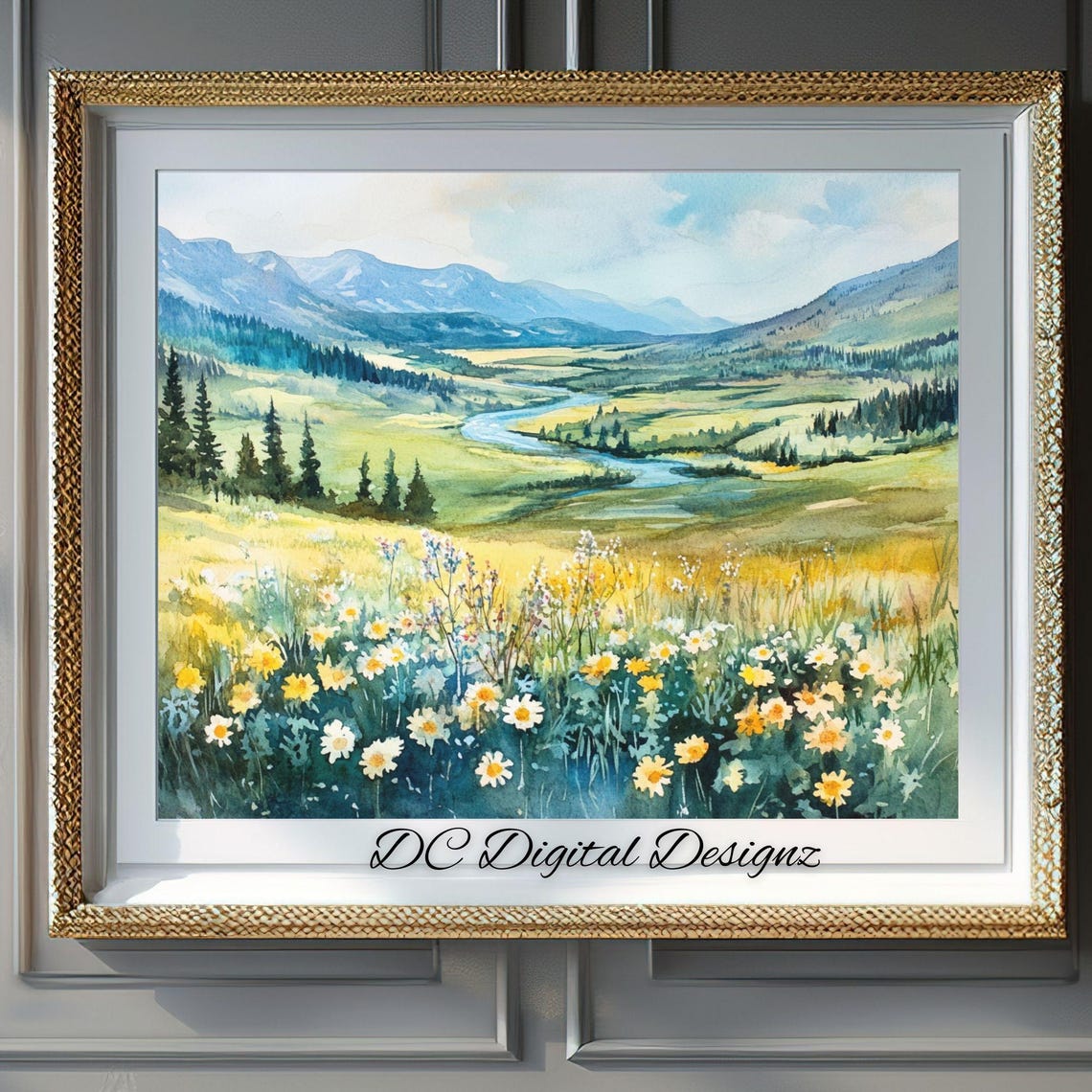 Green Valley River Wildflower Meadow Watercolor Nature Poster
