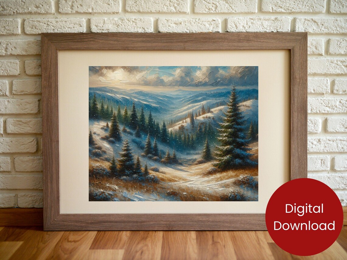 Christmas Rustic Oil Painting, Snowy Winter Scene