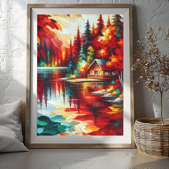 Autumn Lakeside Cabin Red Fall Foliage Lake Reflection Poster
