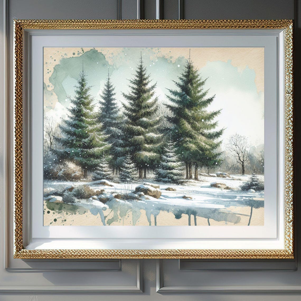 Winter Pines Snowy Forest Watercolor Christmas Trees Wall Art