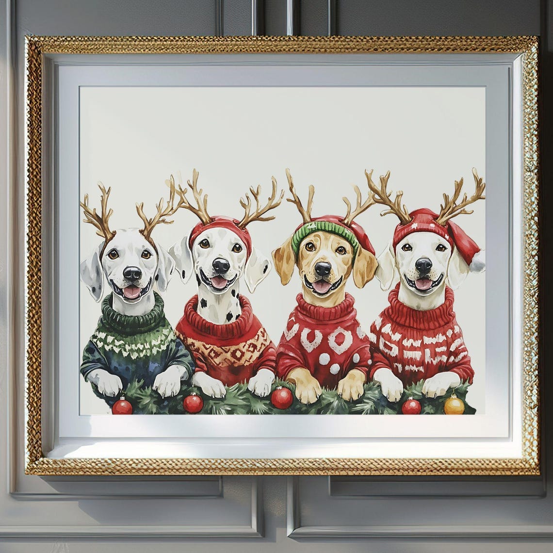 Four Happy Dogs Christmas Sweaters Reindeer Antlers Holiday Poster