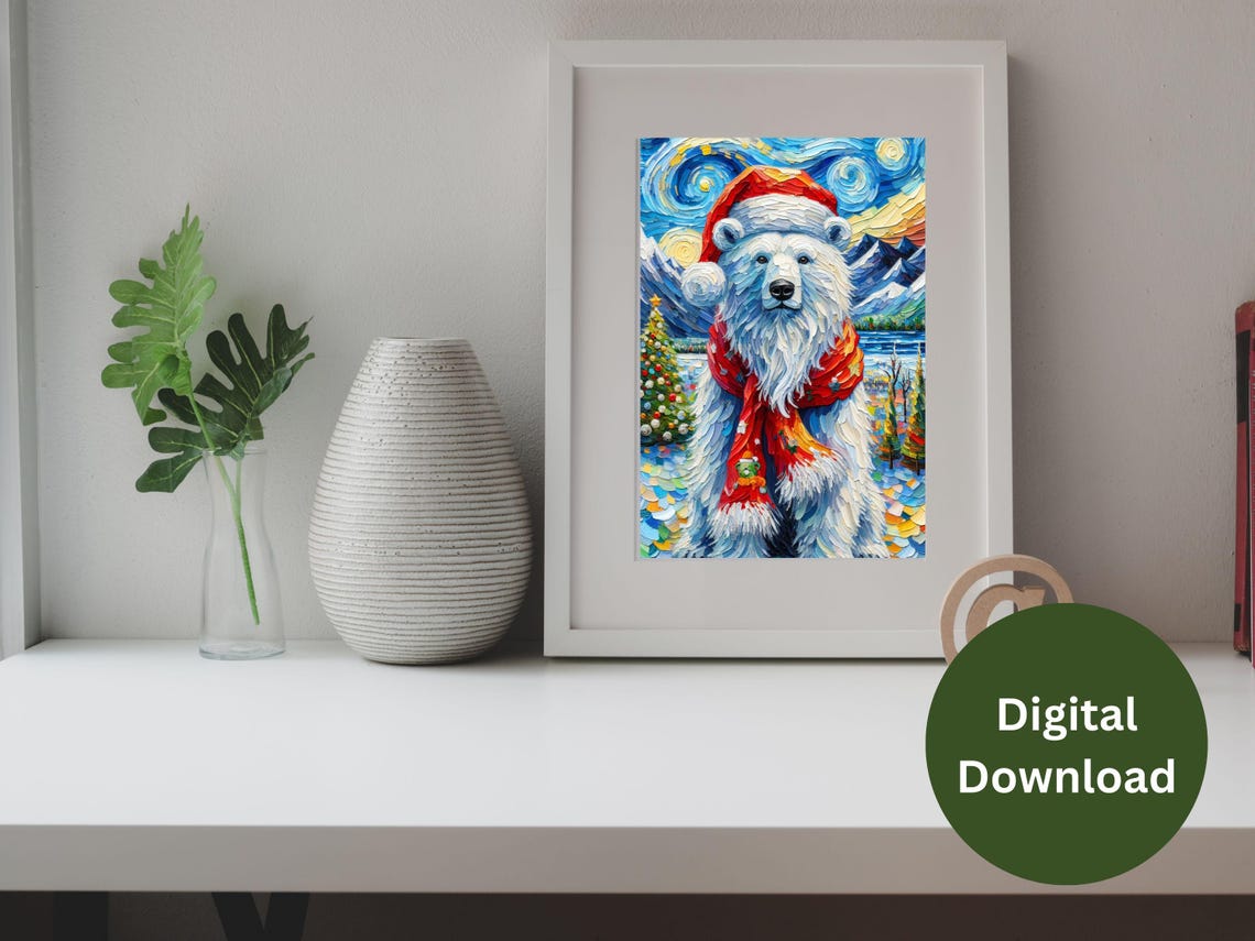 Polar Bear In Santa Hat Van Gogh Style Starry Night Winter Poster - Image 2