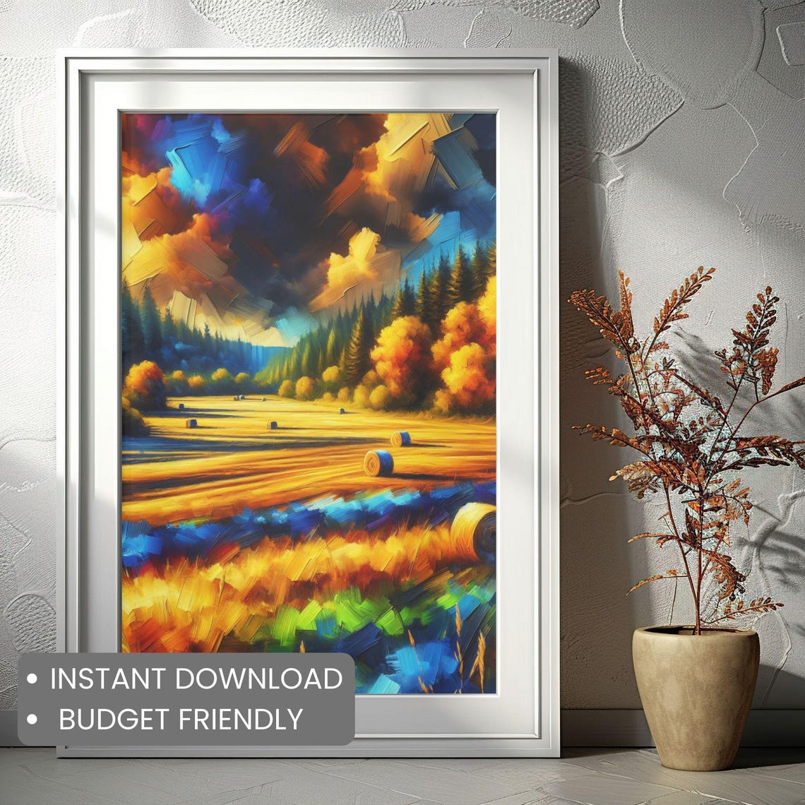 Golden Hay Bale Field Sunset Dramatic Sky Country Art Poster - Image 2