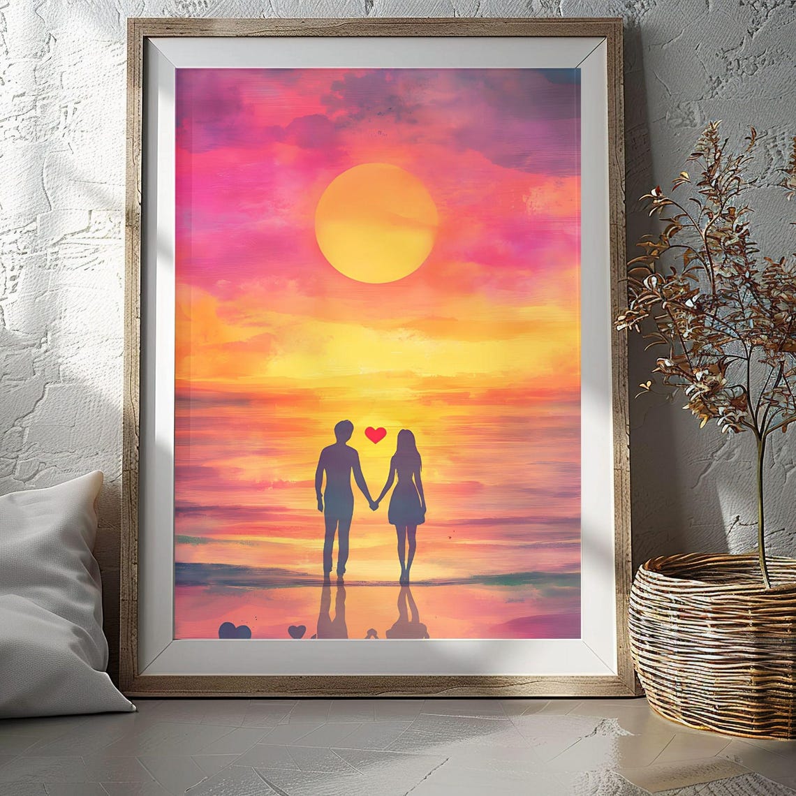 Couple Silhouette Beach Sunset Heart Romantic Pink Sky Poster