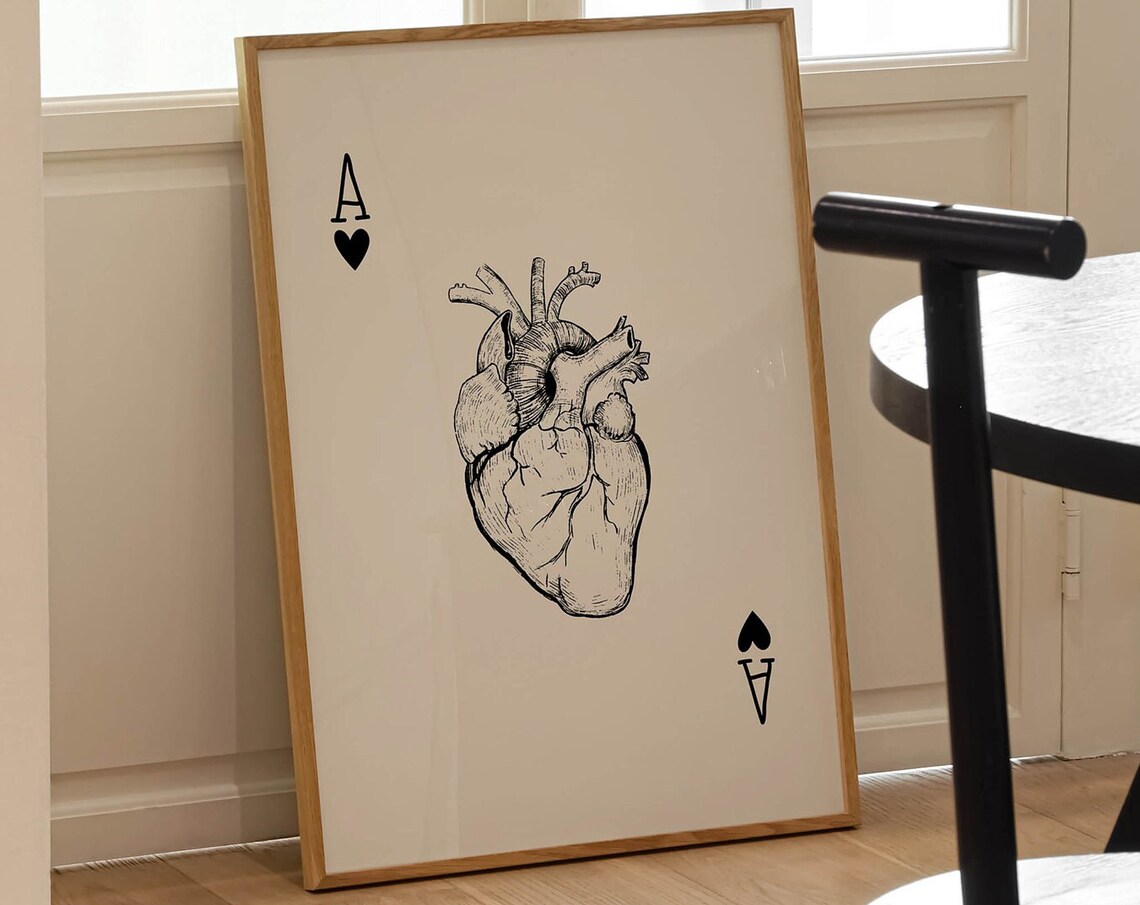Ace of Hearts Retro Art Print, Black and White