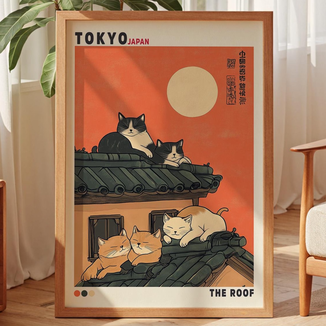 Japanese Cat On The Roof Art Print, Japandi
