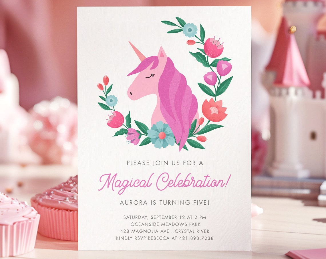 Magical Pink Unicorn Floral Wreath Fifth Birthday Invitation Print