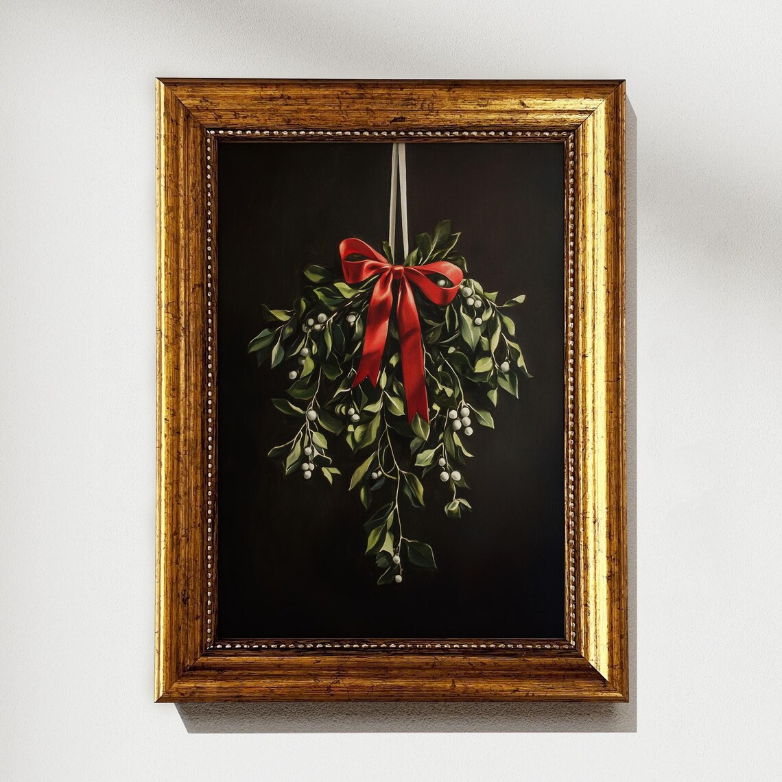 Vintage Moody Christmas Mistletoe With Red Bow Dark Botanical Poster