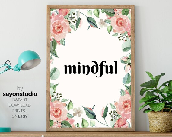 Mindful Watercolor Floral Wreath Pink Roses Botanical Mindfulness Print