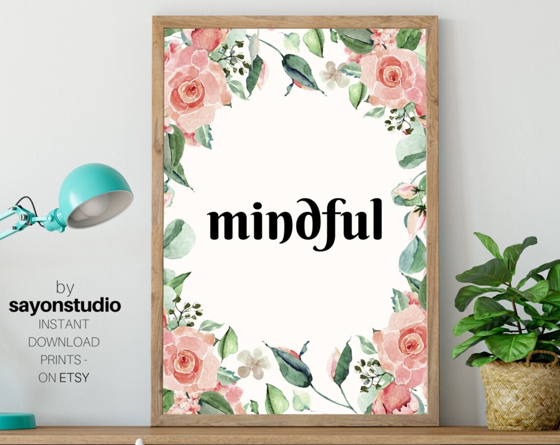 Mindful Watercolor Floral Wreath Pink Roses Botanical Mindfulness Print