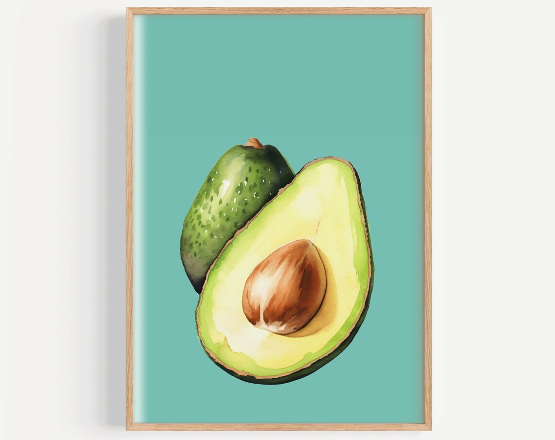 Avocado Halved and Whole Watercolor on Turquoise Kitchen Poster