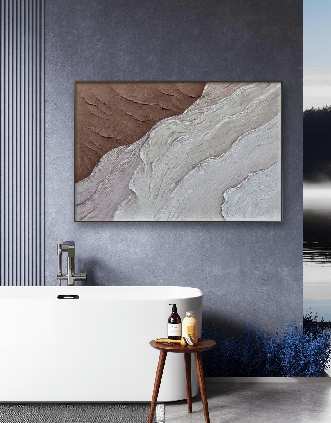Minimalist Brown And White Textured Wave Abstract Painting Print - Image 5