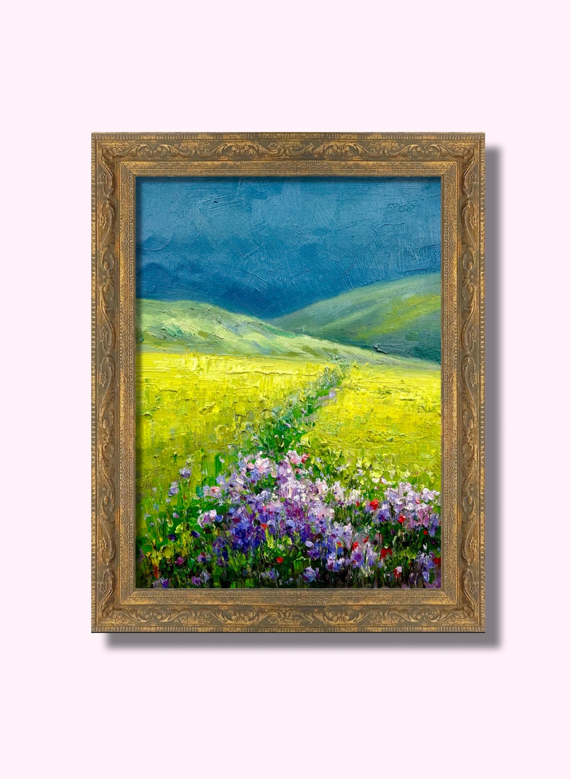 Wildflower Meadow Purple Blooms Dramatic Blue Sky Oil Poster