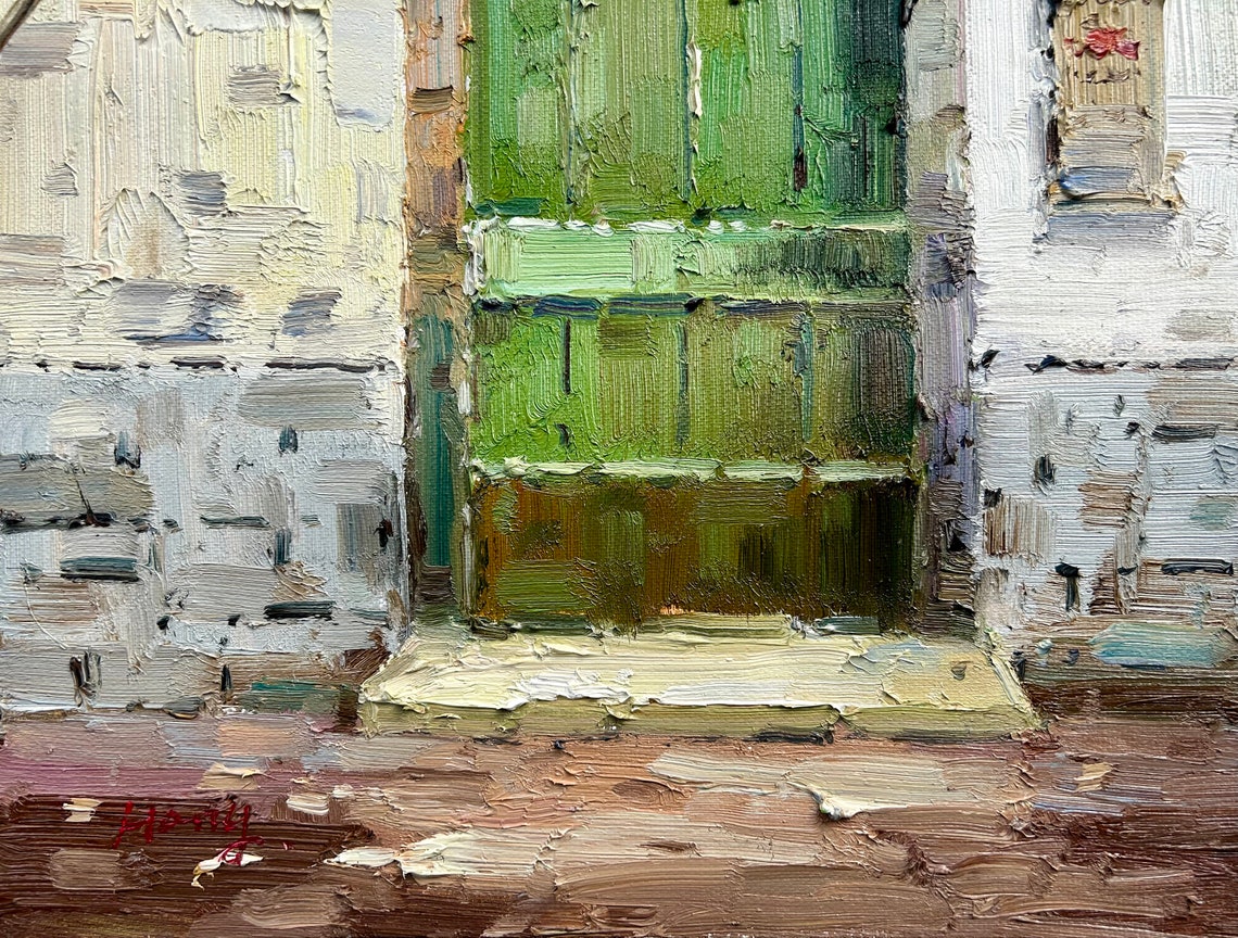 Green Arched Wooden Door Old White Wall Mediterranean Art Print - Image 3