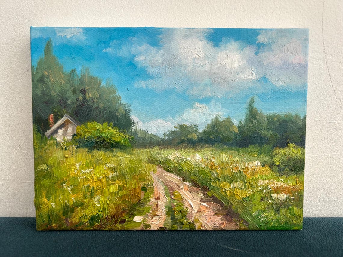 Summer Dirt Road Meadow Oil Painting Cabin Trees Blue Sky Poster - Image 4