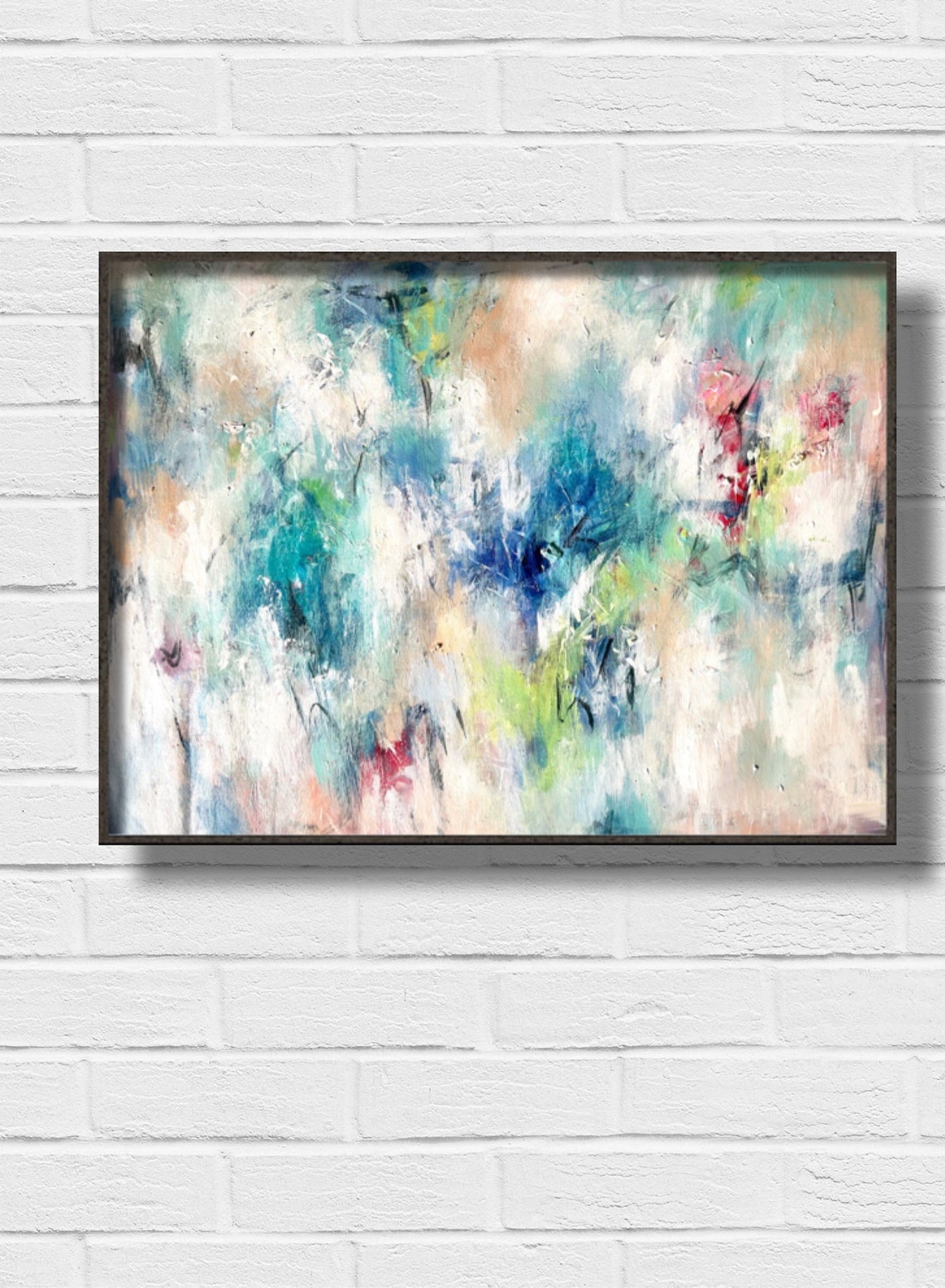 Ethereal White Teal Abstract Soft Red Accents Modern Art Print - Image 3