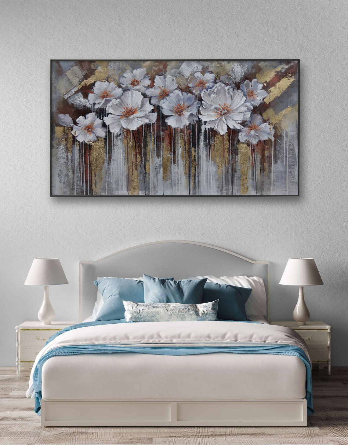 White Peony Blossoms With Dripping Gold Abstract Floral Wall Art - Image 3