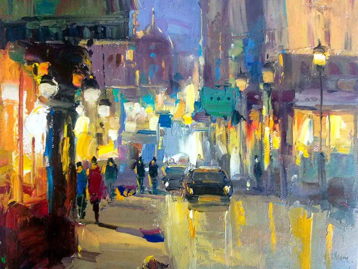 Rainy Evening City Street Glowing Storefronts Night Lights Poster - Image 4