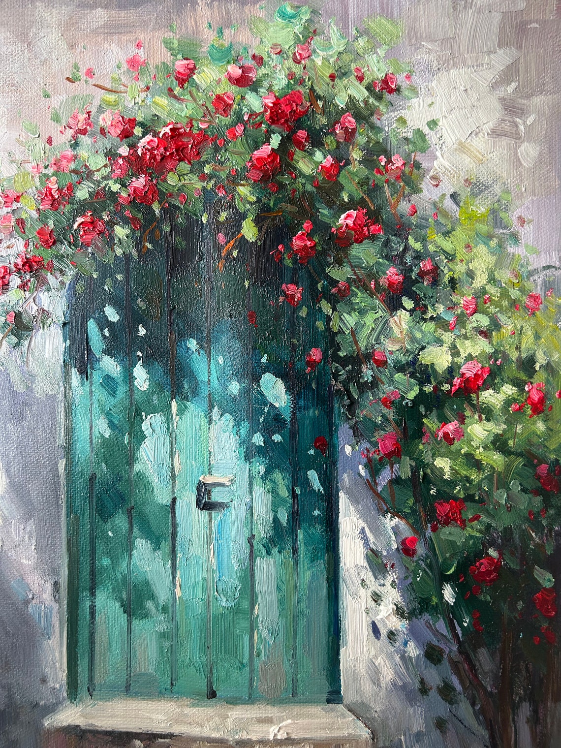 Turquoise Wooden Door Climbing Red Roses Vintage Garden Poster - Image 3